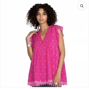 Johnny Was Athena Pleated Eyelet Tunic Top